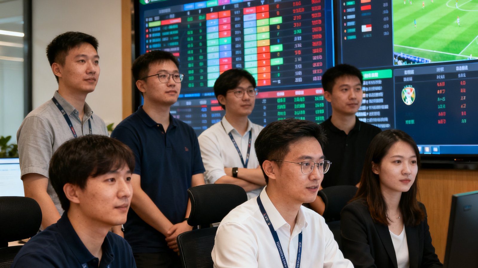 球迹体育数据科技团队在办公室的合影，背景是实时数据监控大屏，显示世界杯积分榜和各项赛事数据，团队成员专注工作