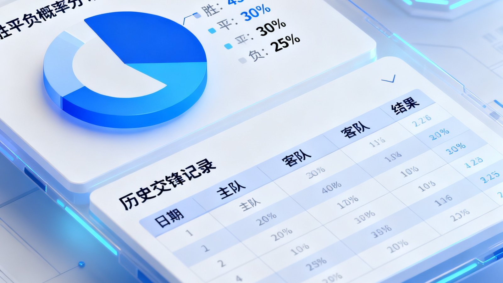 世界杯数据预测AI模型界面，展示胜平负概率分布饼图和历史交锋记录数据表格